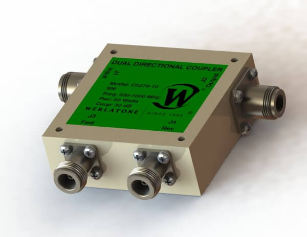 RF Coupler - Model C7288 - Dual Directional Coupler is a High Power design operating with 40 dB Coupling, covers the full 297-303 MHz band rated at 400 W CW. RF Coupler - Model C7288 is designed for military and commercial applications and operates with less than 0.15 dB of Insertion Loss and better than ± 0.3 dB of Coupling Flatness. The unit is available with a variety of mainline and coupled port connectors. 